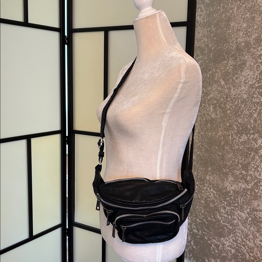 Leather Black Crossbody Bag with Multiple Zippers